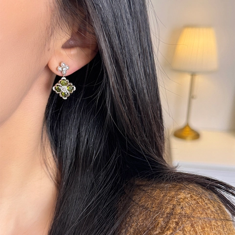 Vintage Green Zircon Clover Shape Pendant Earrings With 925 Sterling Silver Earring Post Artificial Pearl Flower For Women