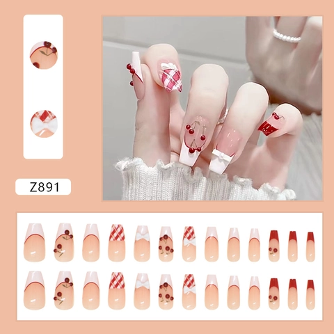 Coffin Press On Nails Red White Plaid French Tip 3D Bow Cherry False Nails Detachable Full Cover For Women