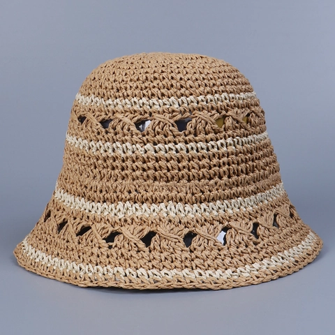 Dames Strooien Vissershoed Opvouwbaar Gestreepte Zonnehoed Ademend Gehaakte Papierstro Zomer Strand Casual