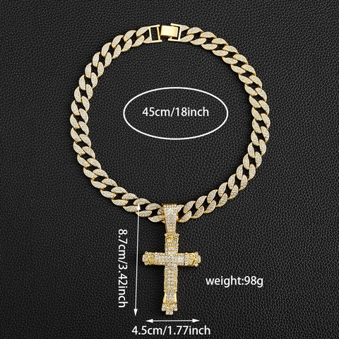 Hip Hop Cross Pendant Necklace For Men Iced Out Rhinestone Alloy Cuban Link Chain Gold Silver Street Style Jewelry
