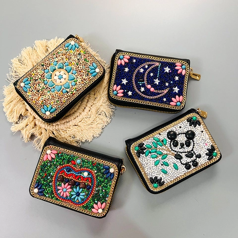 Handmade Bohemian Beadwork Accordion Card Holder PU Leather Ethnic Vintage Multi Slot Coin Purse With Metal Zipper For Women