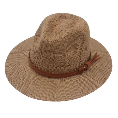 Women Straw Fedora Hat Summer Sun Protection Woven Panama Beach Cap With Tassel Belt Breathable Foldable
