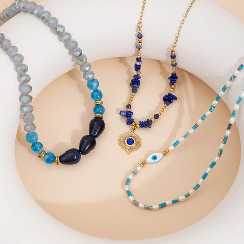 Collana con Ciondolo in Acciaio Inossidabile Boho con Perline in Pietra Blu Per Donna Perla Artificiale Malocchio Gioielli