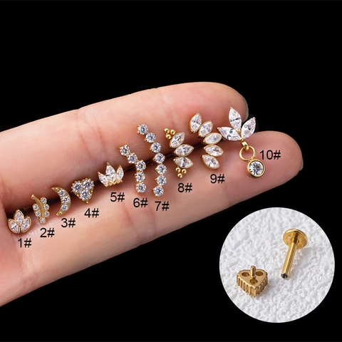 G23 Titanium Cartilage Earring Stud Cubic Zirconia Internally Threaded Labret Lip Piercing Crown Moon Arc Flat Back Jewelry For Women