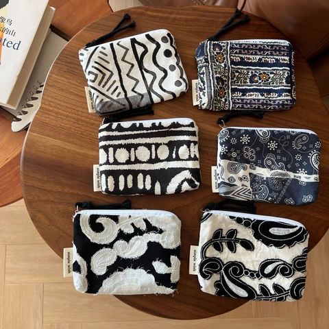 Bohemian Retro Ethnic Print Mini Coin Purse Linen Canvas Zipper Small Storage Bag For Cards And Earphones