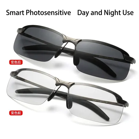 Herren Polarisierte Sonnenbrille Photochrom Tag Nacht Fahren Halbrahmen Metalllegierung UV400 Blendfrei Eckig 3043