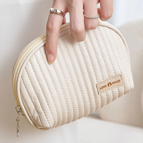 Quilted PU Leather Makeup Bag Semi Circle Cosmetic Pouch Travel Toiletry Organizer Handheld Shell Wash Bag With Love Peace Label