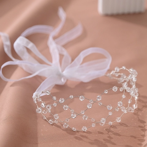 Cerchietto da Sposa in Rete di Strass Intrecciato a Mano Elegante Filo di Rame Strass Fascia per Capelli Nastro di Raso