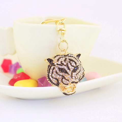 Tiger Head Keychain Sparkling Rhinestone Enamel Gold Alloy Animal Bag Charm Pendant Fashion Accessory For Men Women