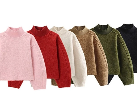 Dames Bouclé Sweatshirt Mock Neck Lange Mouwen Drop Shoulder Losse Pullover Korte Top Casual Herfst Winter