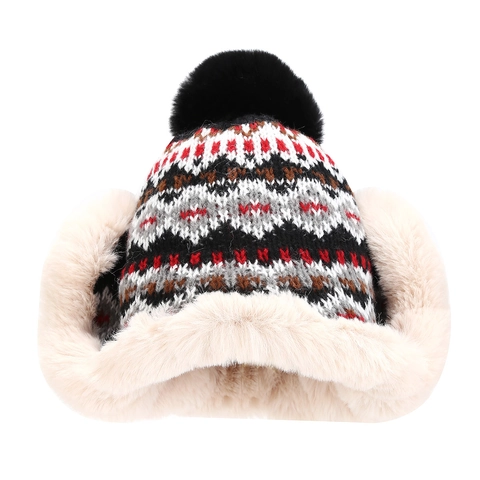 Winter Knitted Earflap Hat Acrylic Polyester Jacquard Fleece Lined Warm Cap With Pom Pom For Women Outdoor Cold Weather