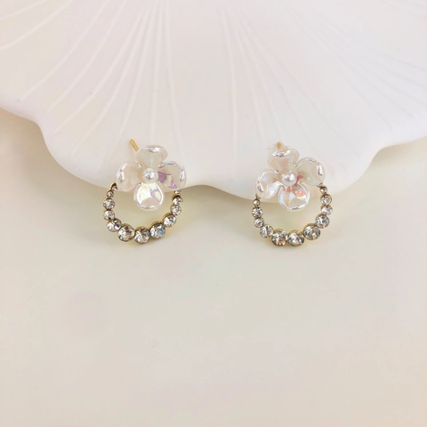 Eleganti Orecchini a Bottone a Fiore per Donna Dolce Perla Artificiale Floreale Intarsio di Strass Perno in Argento Sterling 925 Gioielli