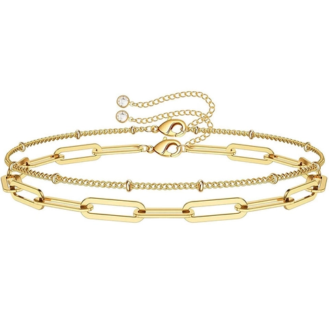 Double Layer Bracelet Stainless Steel Paperclip Chain And Beaded Satellite Link Geometric Minimalist Adjustable For Women