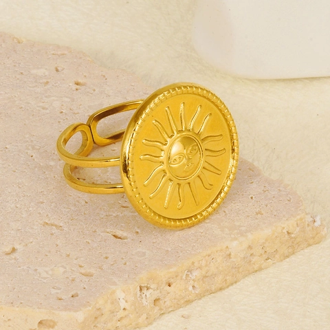 Stainless Steel Sun Face Open Ring 18K Gold Plated Retro Mythology Relief Adjustable Bohemian Personality Jewelry