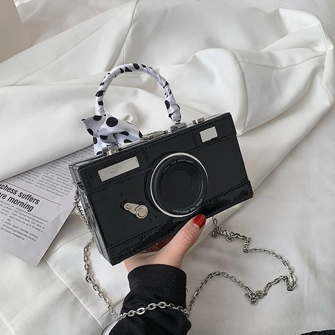 Camera Shaped Women Handbag Metallic PU Leather Crossbody Bag With Satin Ribbon Handle And Chain Strap Novelty Party Purse