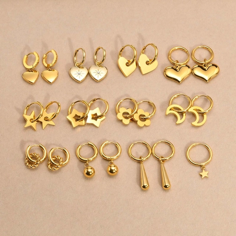 Stainless Steel Hoop Earrings For Women Gold Plated Star Heart Flower Drop Charms Minimalist Dangle Ear Jewelry