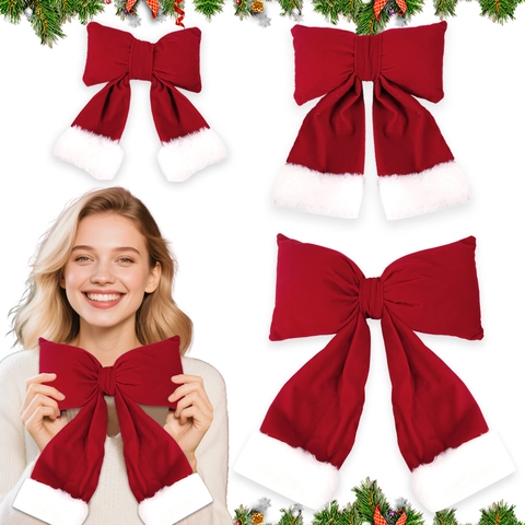 Large Red Velvet Christmas Bow Ornament With White Plush Trim Flocking Sponge Bowknot For Christmas Tree Home Party Decor