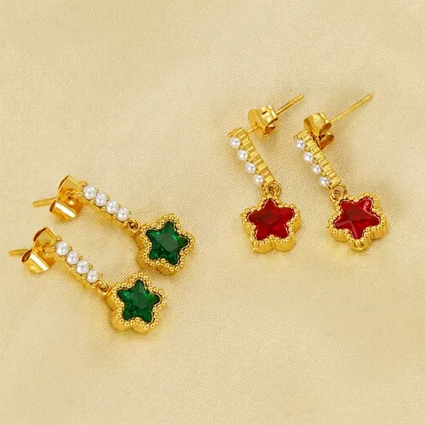 Orecchini A Stella Acciaio Inossidabile Placcato Oro 18K Zircone Perla Artificial Retrò Francese Elegante Gioielli Da Donna