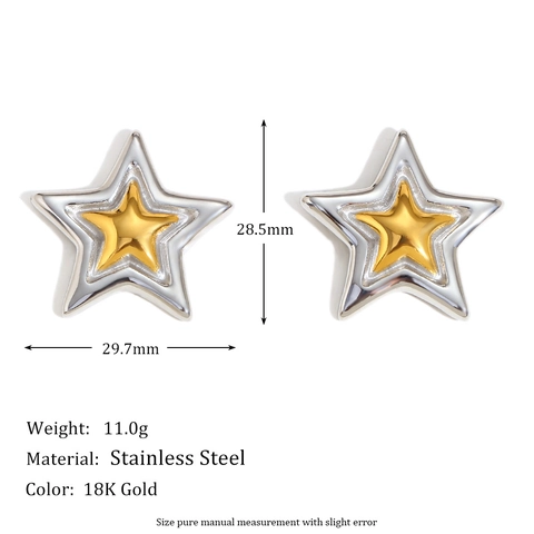 Pendientes De Botón De Doble Estrella De Cinco Puntas Acero Inoxidable Chapado En Oro De 18K Moda Para Mujeres