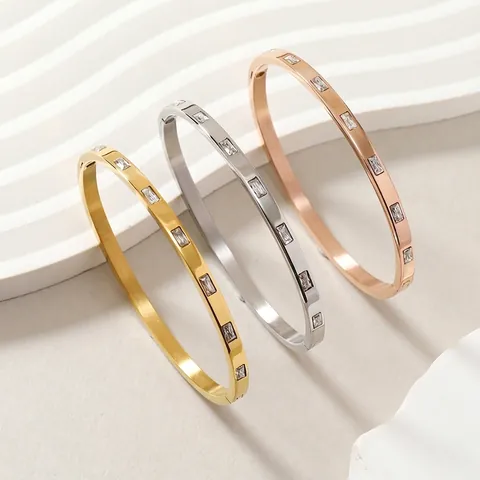 Brazalete De Acero Inoxidable Pulsera Con Zircón Baguette Rectangular Incrustado Cierre De Hebilla Joyería De Lujo Minimalista
