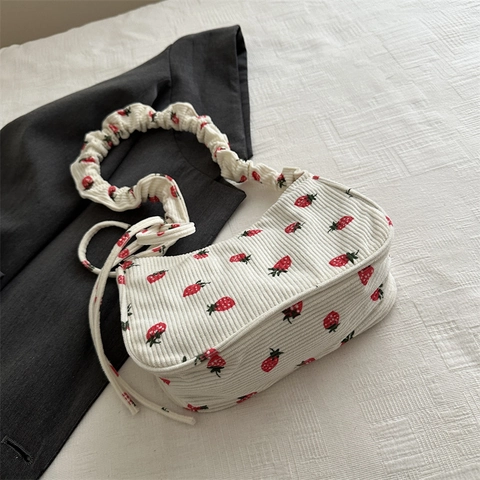 Borsa Sottobraccio In Velluto A Coste Con Stampa Fragola Per Donna Borsa A Tracolla Baguette Carina Piccola Borsa Quadrata Con Tracolla Arricciata