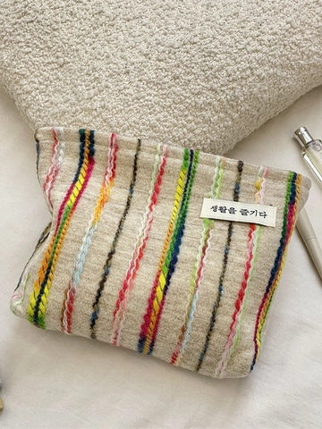 Regenboog Kleurrijke Gestreepte Gebreide Tweed Cosmetische Tas Rits Draagbare Reizen Make-Up Zak Voor Vrouwen Koreaanse Ins Stijl