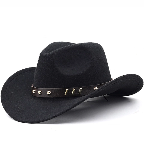 Cappello Da Cowboy Occidentale Fedora Feltro Tesa Larga Fascia In Pelle Borchie In Metallo Stile Vintage Per Uomini Donne Bambini