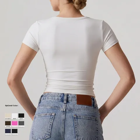 Women Short Sleeve Henley Crop Top V Neck Slim Fit Brushed Solid Sporty Casual T-Shirt With Metal Buttons