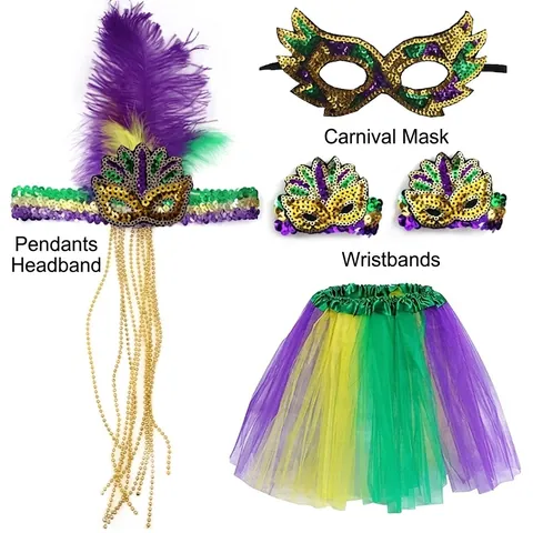 Mardi Gras Karneval Zubehör Mit Pailletten Maske Feder Stirnband Perlen Halsketten Tutu Rock Für Maskenball Party
