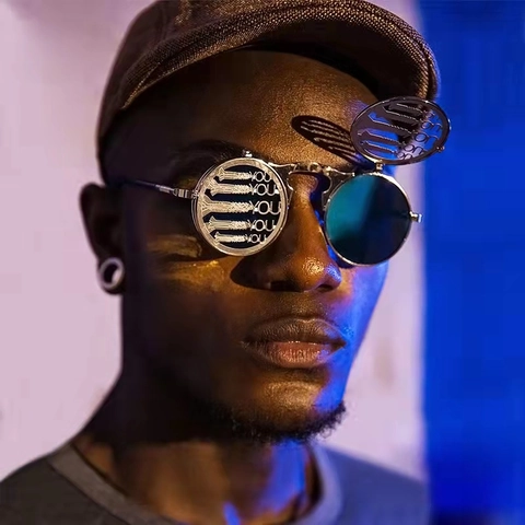 Steampunk Flip Up Στρογγυλά Γυαλιά Ηλίου Vintage Μεταλλικός Σκελετός Φακοί AC Gothic Punk Γυαλιά Πάρτι Για Άνδρες Γυναίκες