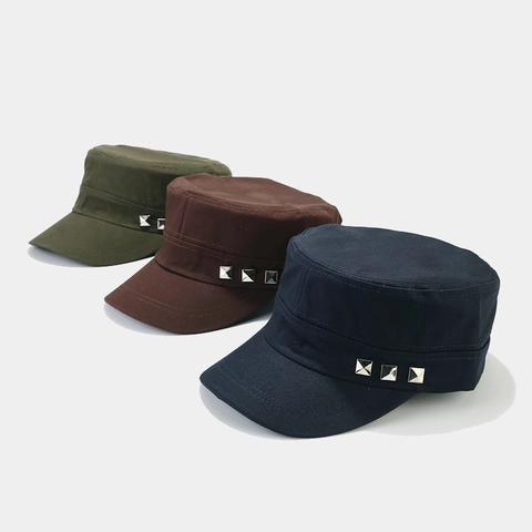 Cappello Cadet Vintage 100% Cotone Cappello Militare A Cima Piatta Con Borchie Metalliche Regolabile Protezione Solare Per Uomo Donna