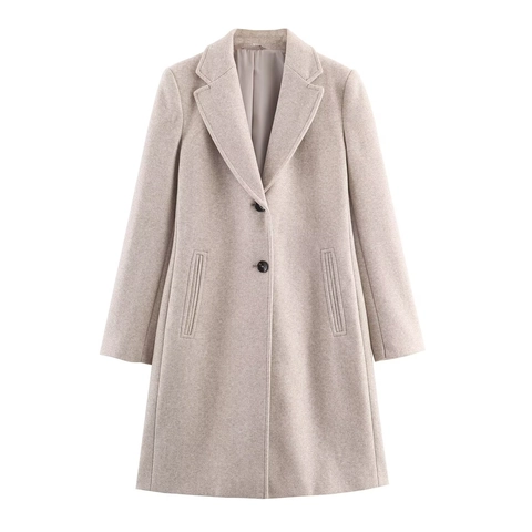 Women Mid Length Woolen Coat Single Breasted Lapel Slim Fit Elegant Solid Color Casual Long Sleeve Outerwear Overcoat