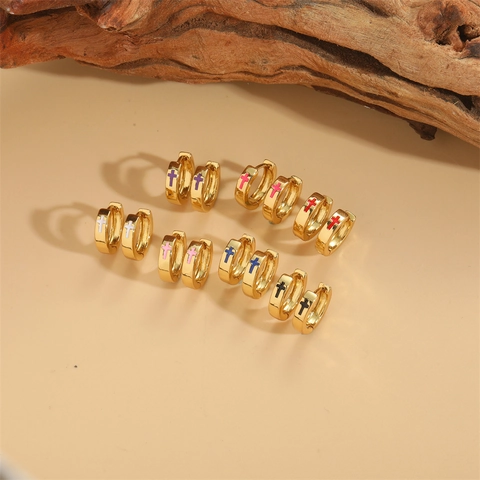Orecchini a Cerchio Minimalisti in Rame con Croce per Donna Retro Smalto a Goccia Design Geometrico Gioielli Regalo