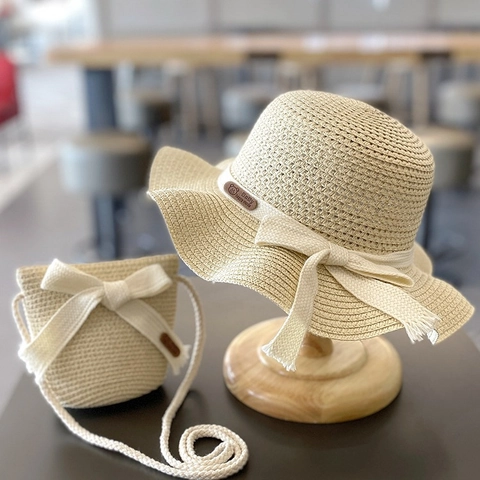 Kids Girls Straw Sun Hat And Crossbody Bag Summer Beach Sunshade Wavy Brim Ribbon Bow Decor Breathable Lightweight