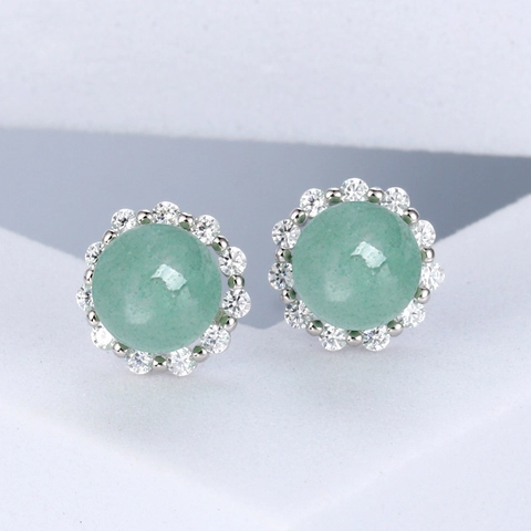 Runde Aventurin Ohrstecker Mit 925 Sterling Silber Ohrringpfosten Und Zirkonia Halo Retro Schmuck Für Damen