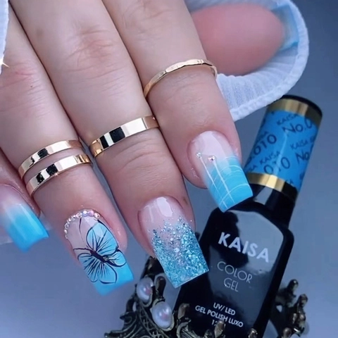 Franse Blauwe Vlinder Press On Nagels Rhinestone Glitter Gradiënt Kunstnagels Voor Vrouwen DIY Manicure Accessoire