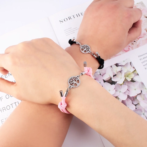 Bracelets Magnétiques Pour Couples Arbre De Vie En Acier Inoxydable Aspiration Cardiaque Corde Tressée En Nylon Réglable