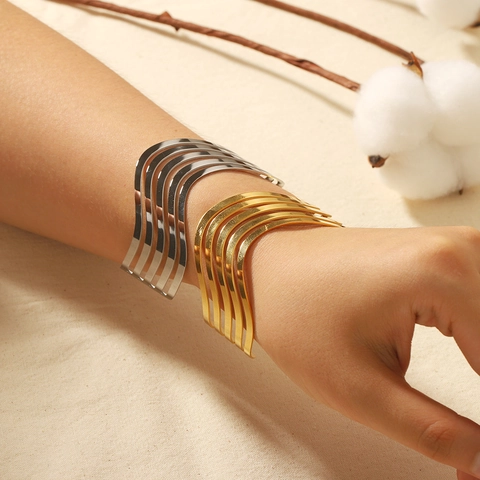 Minimalistische Roestvrijstalen Holle Golf Armring Voor Dames Verguld Meerlagig Geometrisch Open Armband Mode Sieraden