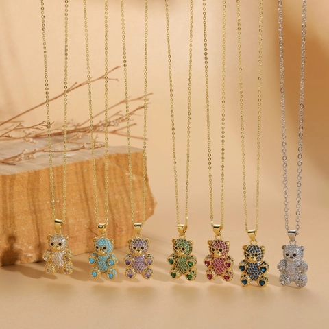 Teddy Bear Pendant Necklace Copper 14K Gold Plated Colorful Cubic Zirconia Heart Dainty Jewelry Gift For Women