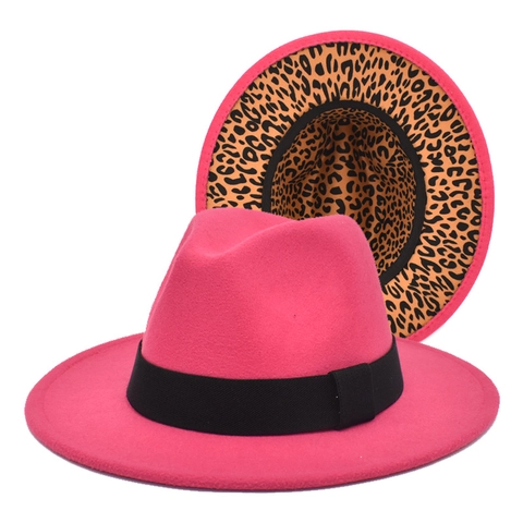 Fedora Hat Woolen Felt Wide Brim Leopard Print Underbrim Grosgrain Ribbon Band Vintage Jazz Style Fashion For Men And Women