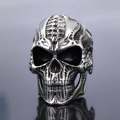 Skull Ring Stainless Steel Gothic Punk Biker Style Vintage Carved Skeleton Head Jewelry For Men Women