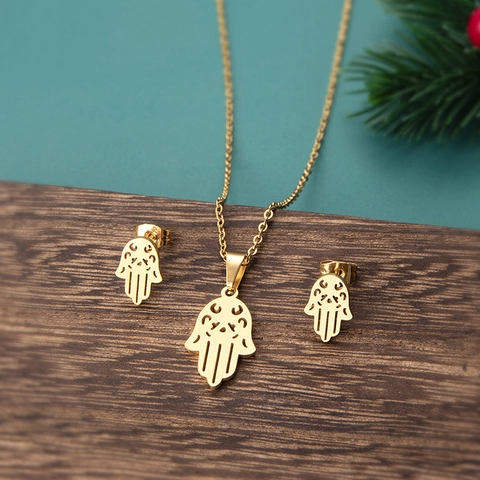Hamsa Hand Halskette Und Ohrringe Edelstahl Hohl Fatima Hand Evil Eye Schmuck Für Frauen Trendy