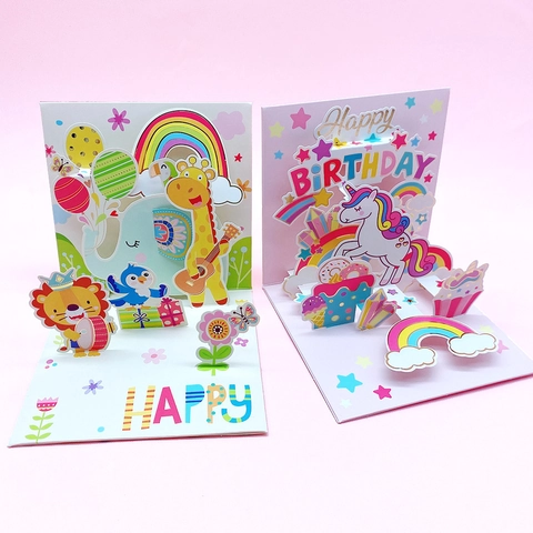 Tarjeta De Felicitación 3D Pop Up Animales Dibujos Animados Unicornio Arcoiris Papel Tarjeta Cumpleaños Niños Regalo