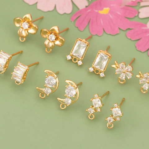 DIY Earring Findings Connectors 18K Gold Plated Copper Cubic Zirconia Flower Moon Geometric Pendants For Jewelry Making