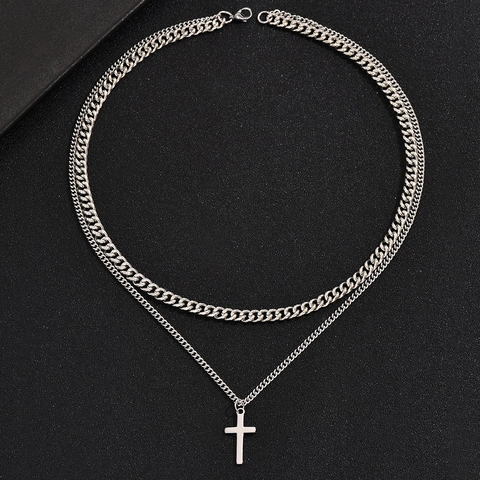 Double Layer Necklace Stainless Steel Cuban Chain Geometric Pendant Hip Hop Fashion Jewelry Trendy Style Unisex Accessories