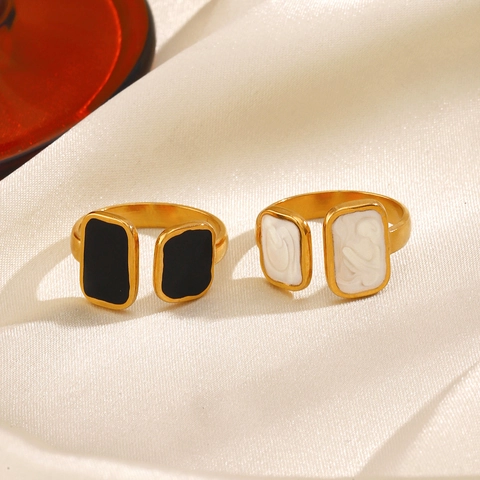 Geometrischer Quadratischer Offener Ring Edelstahl Doppel Rechteckig Emaille Relief Retro Französischer Stil Verstellbar