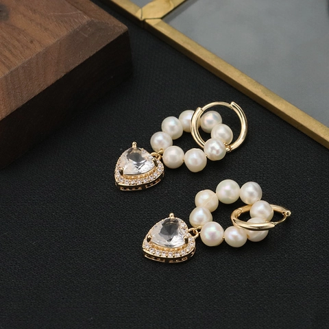 Elegant Freshwater Pearl Heart Hoop Earrings For Women 925 Sterling Silver Post Rhinestone 18K Gold Plated Ear Jewelry