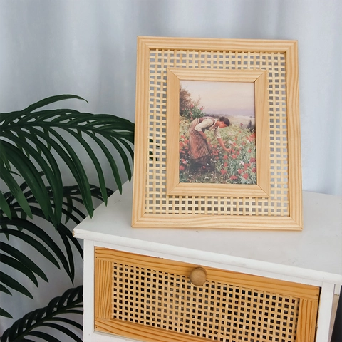 Handmade Solid Wood Photo Frame Rattan Woven Rectangle Picture Holder Nordic Natural Desktop Wall Hanging Home Decor
