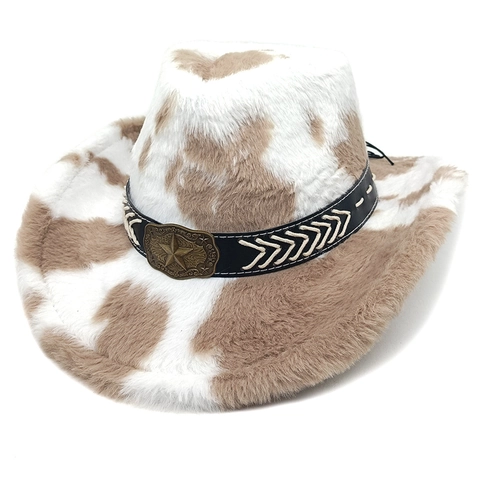 Cappello Da Cowboy Western Stampa Mucca Pelliccia Sintetica Peluche Tesa Larga Retro Fedora Con Fibbia A Stella Per Feste