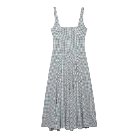 Women Gingham Midi Dress Spaghetti Strap Square Neck High Waist A-Line Plaid Sleeveless Summer Casual